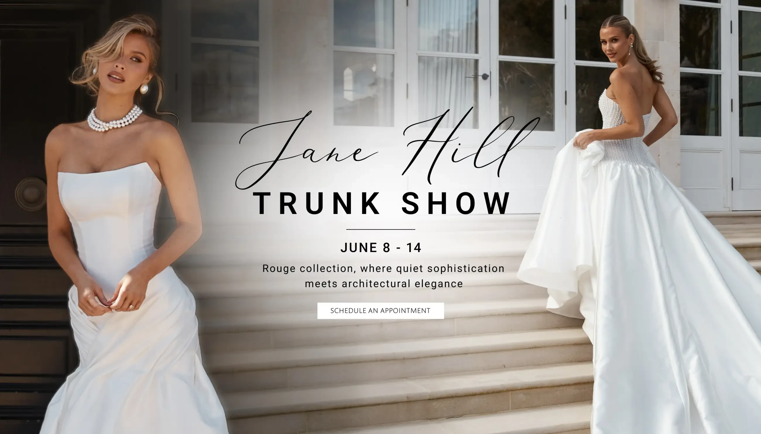 Jane Hill trunk show at Carrie Karibo Bridal - desktop banner